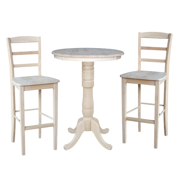 International Concepts Round 30 in Rd Pedestal Bar Height Table, 2 Madrid Bar Height Stools, Unfinished, 30 in W, 30 in L K-30RT-6B-2-S403-2 - main
